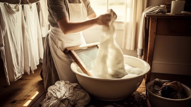 A person in an apron hand-washing clothes with a washboard in a large basin, with laundry hanging to dry in a rustic indoor setting.