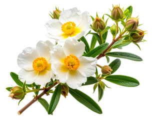 Fototapeta premium Cistus Ladanifer Branch with Multiple Flowers and Buds PNG
