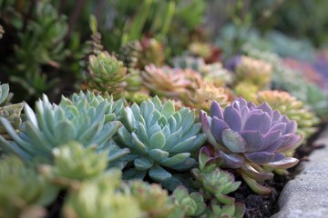Fototapeta premium Succulents thrive densely lined up in the garden
