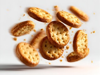 Crispy round crackers with small holes are suspended in mid air against a plain white background studio shot.