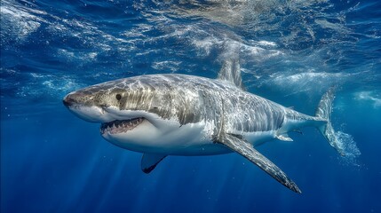 Fototapeta premium A great white shark swims powerfully through the deep blue ocean waters with sunlight streaming through above.
