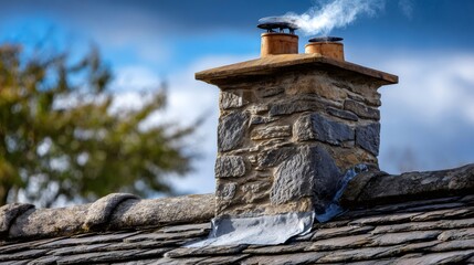 Fototapeta premium Smoking stone chimney on a slate roof with a tree in the background on a sunny day