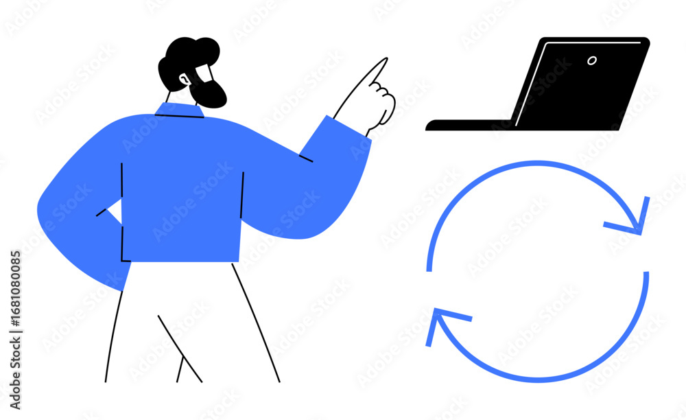 Leinwandbilder man pointing at a laptop with circular arrows symbolizing system update, data synchronization, or re
