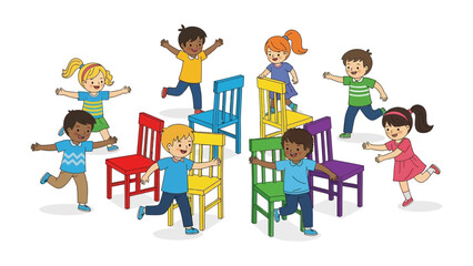 Musical Chairs: A vibrant illustration captures the joyous chaos of children playing musical chairs, showcasing the blend of anticipation and lively fun.