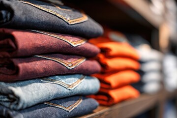 Stylish jeans stacked at the shop