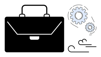 Business suitcase beside rotating gears and motion waves representing process optimization, efficiency, and movement. Ideal for business, productivity, workflow, innovation, management, progress