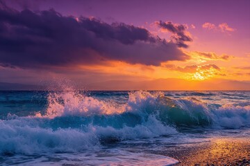 Fototapeta premium Stunning wave under a yellow and purple sky with a sun before the storm