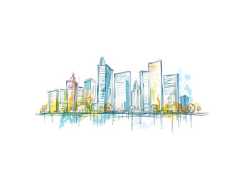 Obraz premium Line art of landscape modern buildings in big city, clipart, vec