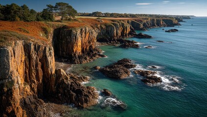 Fototapeta premium Coastal cliffs, vibrant hues, dramatic shoreline