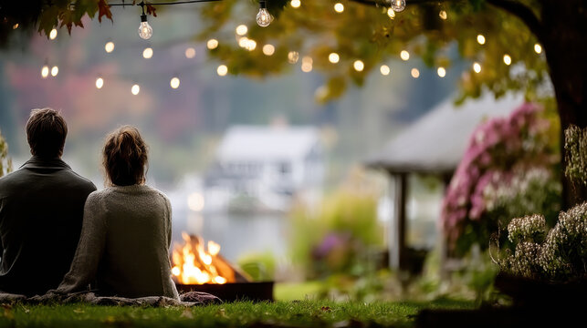 Couple enjoying cozy autumn picnic by campfire under hanging lights with colorful foliage and lake house in background