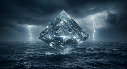 Stormy ocean lightning background, glowing crystal diamond wallpaper, surreal floating pyramid in dark backdrop
