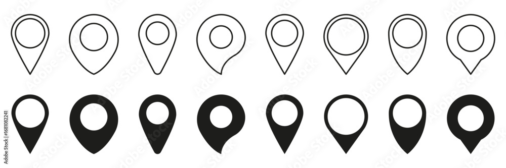 Poster map location pin line and solid icon set. navigation and geolocation marker outline and silhouette s
