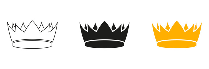 Crown Icon Line And Solid Black And Color Icon Set. Royalty, Leadership, And Authority Symbol Outline And Silhouette Symbol Collection. Regal And Noble Representation. Isolated Vector Illustration