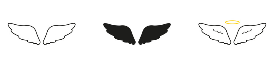 Angel Feather Wings Line And Solid Icon Set. Pair Of Wings With Spiritual Meaning Representing Holiness, Ascension, And Divine Protection. Symbol Collection. Isolated Vector Illustration