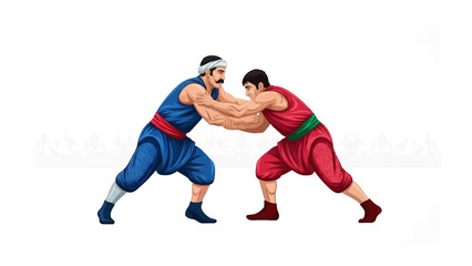 Naklejka premium Wrestling match: Two wrestlers in traditional attire, engaged in a dynamic wrestling match, showcasing strength, skill, and the intensity of a sporting competition.