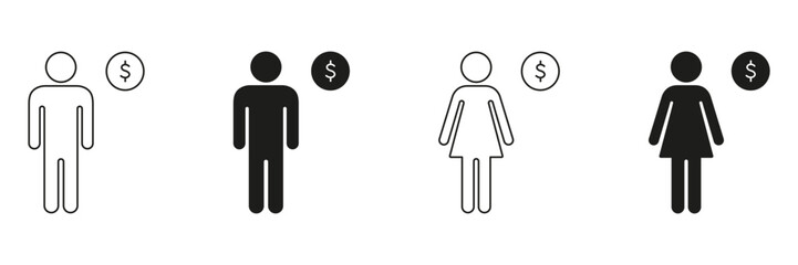 Male And Female With Dollar Sign Icon Set. Gender Income Equality And Financial Outline And Silhouette Symbol Collection. Economic Disparity And Wage Gap. Isolated Vector Illustration