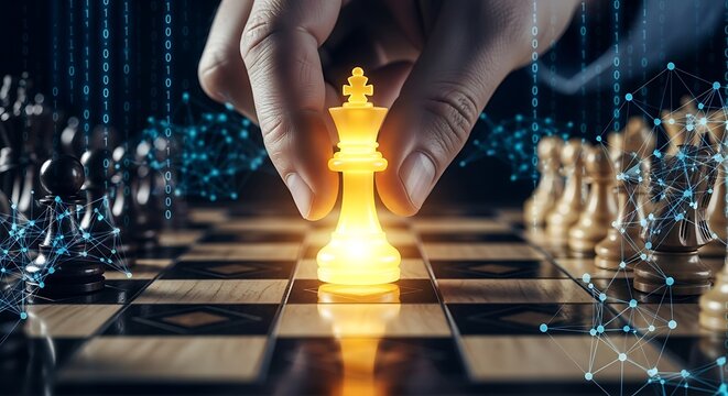 Strategic chess move with digital data and glowing king piece concept - Powered by Adobe