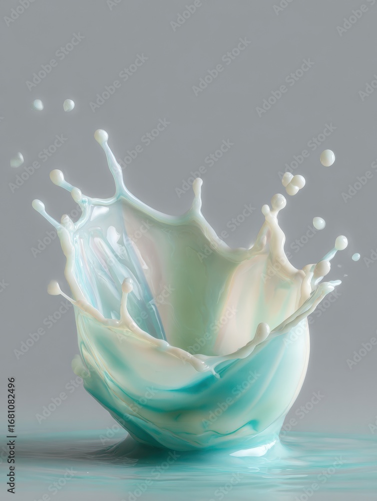 Poster beautiful splash of milk creating dynamic patterns on a colorful surface in a minimalist setting
