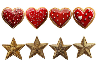 Heart and Star Shaped Cookies with Red Icing and Decorative Elements