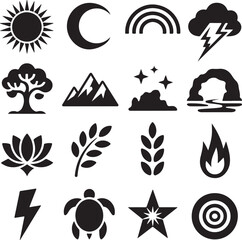 Natural Elements and Symbols of Sun, Moon, Rainbow, and Storm crescent cloud