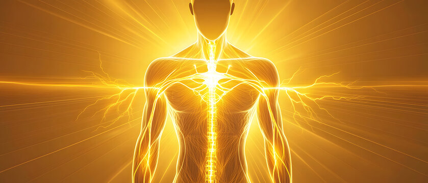 Neuropathic pain illustration glowing nervous system. visuals for medical campaigns, healthcare training, and wellness education.