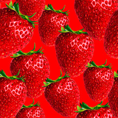 A seamless watercolor pattern of fresh red strawberries with green leaves on a black background. High-resolution design, perfect for food packaging, textile prints, and summer projects.