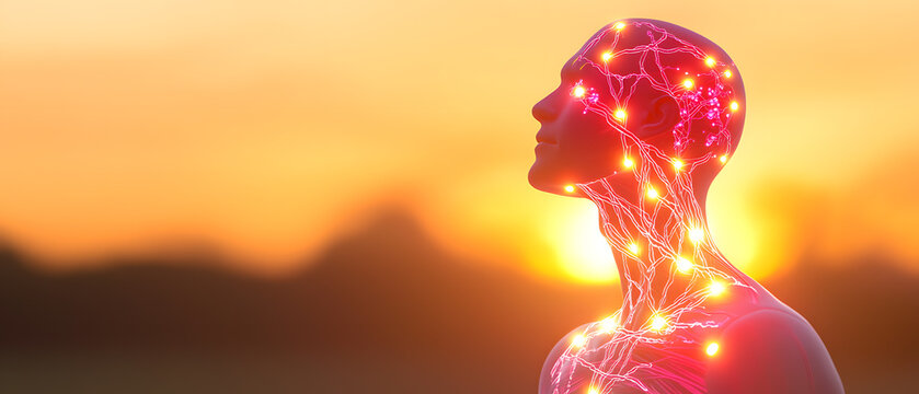 Neuropathic pain illustration glowing nervous system. visuals for medical campaigns, healthcare training, and wellness education.