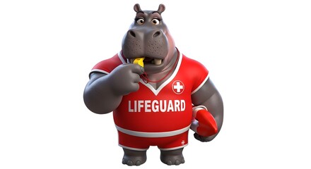 Vigilant 3D Cartoon Hippo Lifeguard Blowing Whistle with Rescue Buoy on White Background