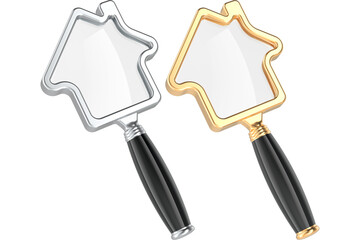Loupe as House. Silver and golden. Finding a home to rent or buy, transparent background