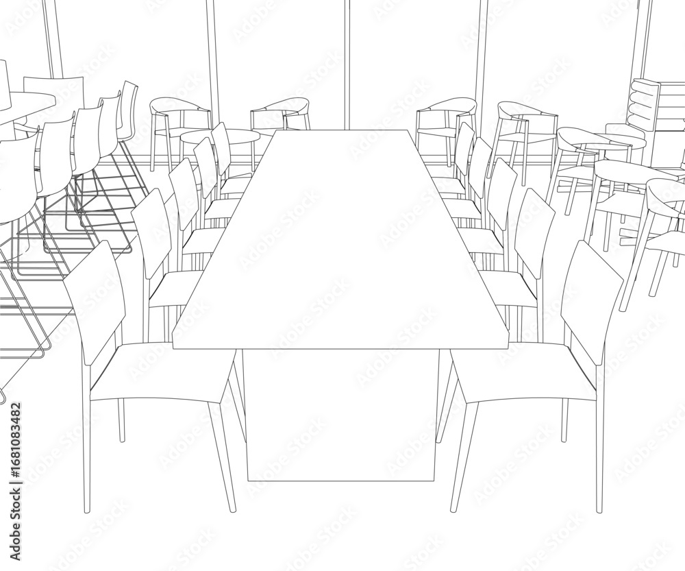 Poster a minimalist kitchen area with a long table and chairs arranged in symmetrical contour lines. the cl