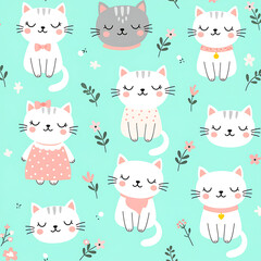 Adorable kawaii cartoon kittens with closed eyes and flowers scattered on a soft teal background seamless pattern