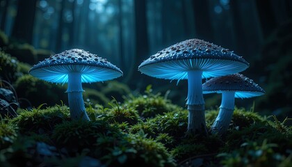 Fototapeta premium Luminescent mushrooms stand tall in a mystical forest scene, glowing a vibrant blue under the ethereal light.