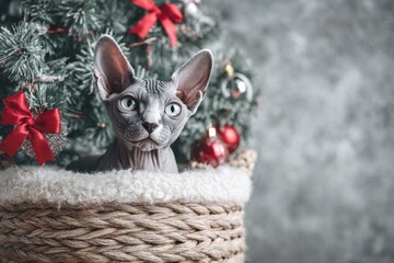 Sphynx cat beside a Christmas tree in a basket set against a grey backdrop