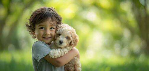 Joyful young child with curly hair happily embracing a fluffy golden puppy outdoors in soft natural light