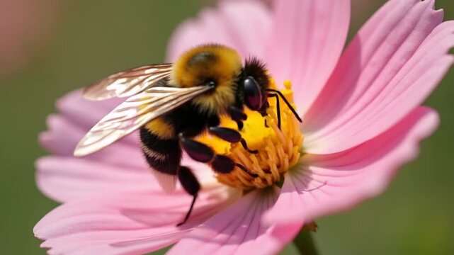Macro of a bumblebee with lots of pollen moving on an alcea rosea flower