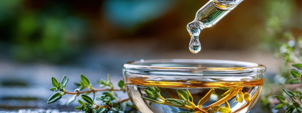 Serene drop of essential oil with thyme in water bowl