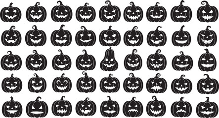 Vector art of collection of black and white carved halloween pumpkins with various spooky faces, isolated on a