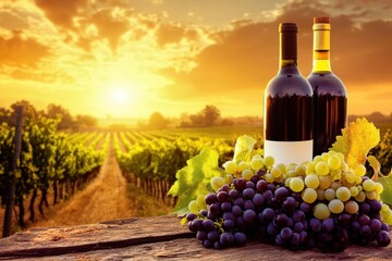 Vineyard landscape with ripe grapes and a bottle of wine in the light of the setting autumn sun
