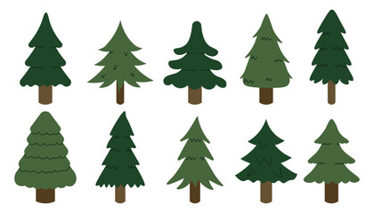Flat style illustration of various Christmas trees with simple decorative shapes, perfect for holiday design, seasonal cards, and festive decorations