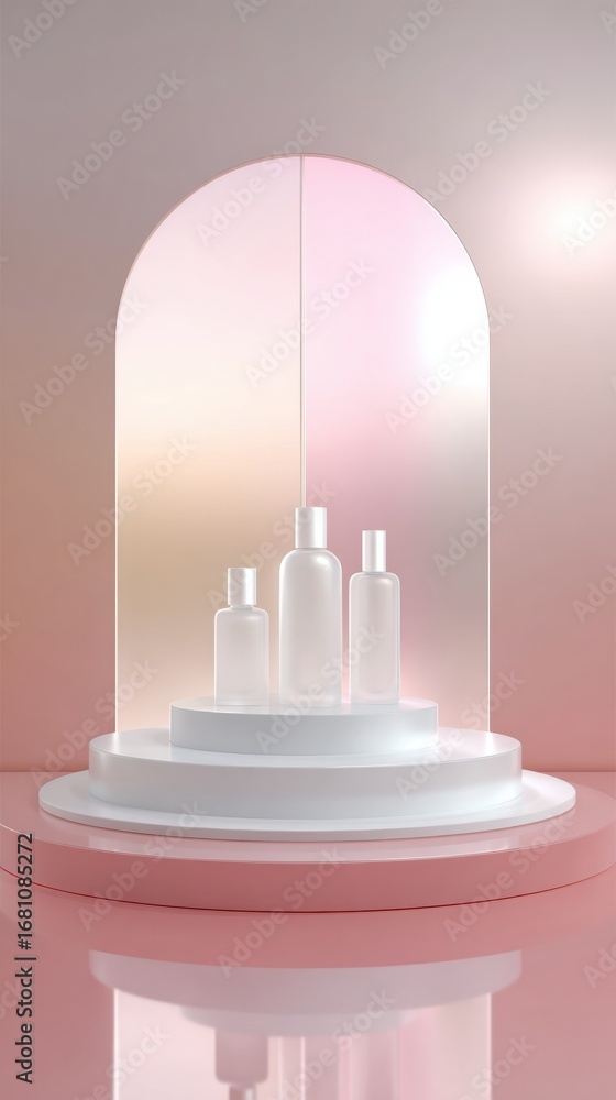 Poster Display of Elegant Glass Bottles on a Minimalist Pedestal With Soft Pastel Background in a Modern Setting