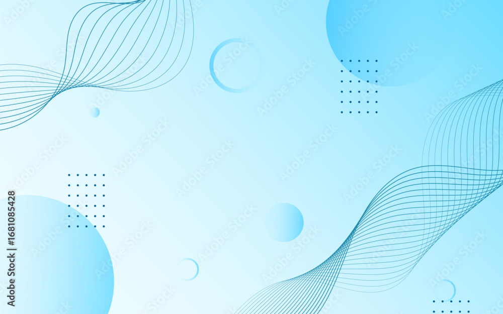 Poster modern light blue abstract background with dynamic wavy lines, gradient circles, and geometric dot p