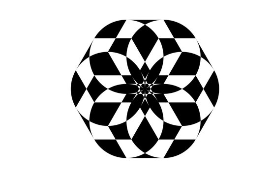 Geometric black and white mandala artwork with floral star symmetry, suitable for tattoo art, modern wall décor, album covers, digital design, fashion prints, and abstract illustration