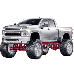 Silver Pickup Truck with Lift Kit and Large Tires on an Isolated Background, Ideal for Automotive Enthusiasts