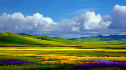 Obraz premium Rolling green hills under a blue sky with white clouds are covered in fields of purple and yellow wildflowers.