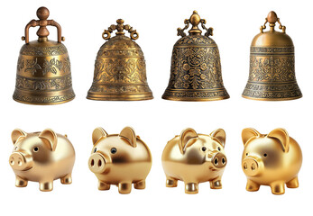 Decorative Bronze Bells and Golden Piggy Banks for Financial Concepts