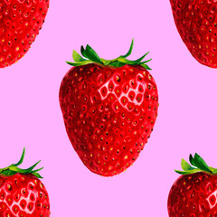 A seamless watercolor pattern of fresh red strawberries with green leaves on a black background. High-resolution design, perfect for food packaging, textile prints, and summer projects.