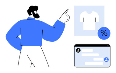 Man pointing at a t-shirt icon with a discount symbol, alongside a chat window. Ideal for e-commerce, shopping, communication, sales, marketing, analytics, and a simple landing page