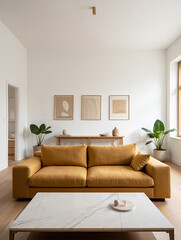 Fototapeta premium Living room with ochre sofa and marble coffee table 