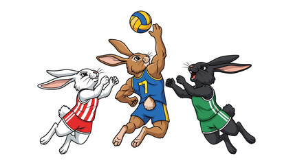 Bunnies Volleying: Cartoon bunny athletes execute athletic excellence, leaping to spike the ball and the sheer excitement of game. 