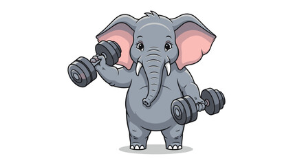 Elephant Power: A cartoon elephant embodies strength and dedication as it lifts dumbbells, symbolizing fitness and determination with cheerful expression.